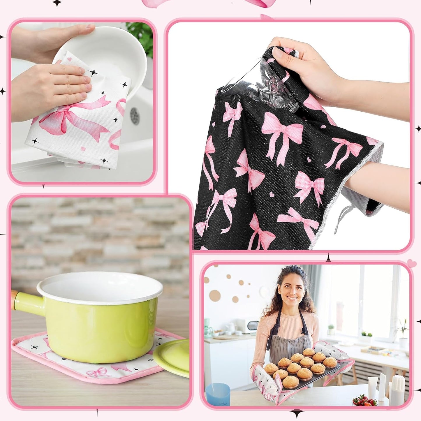Fourluoo 10 Pcs Pink Bow Kitchen Decor Sets 4 Pink Plaid Kitchen Dish Towels 2 Pot Holders 2 Oven Mitts Glove 2 Cute Non Slip Rugs and Mats for Floor Home Decorations Accessories Mom Gifts