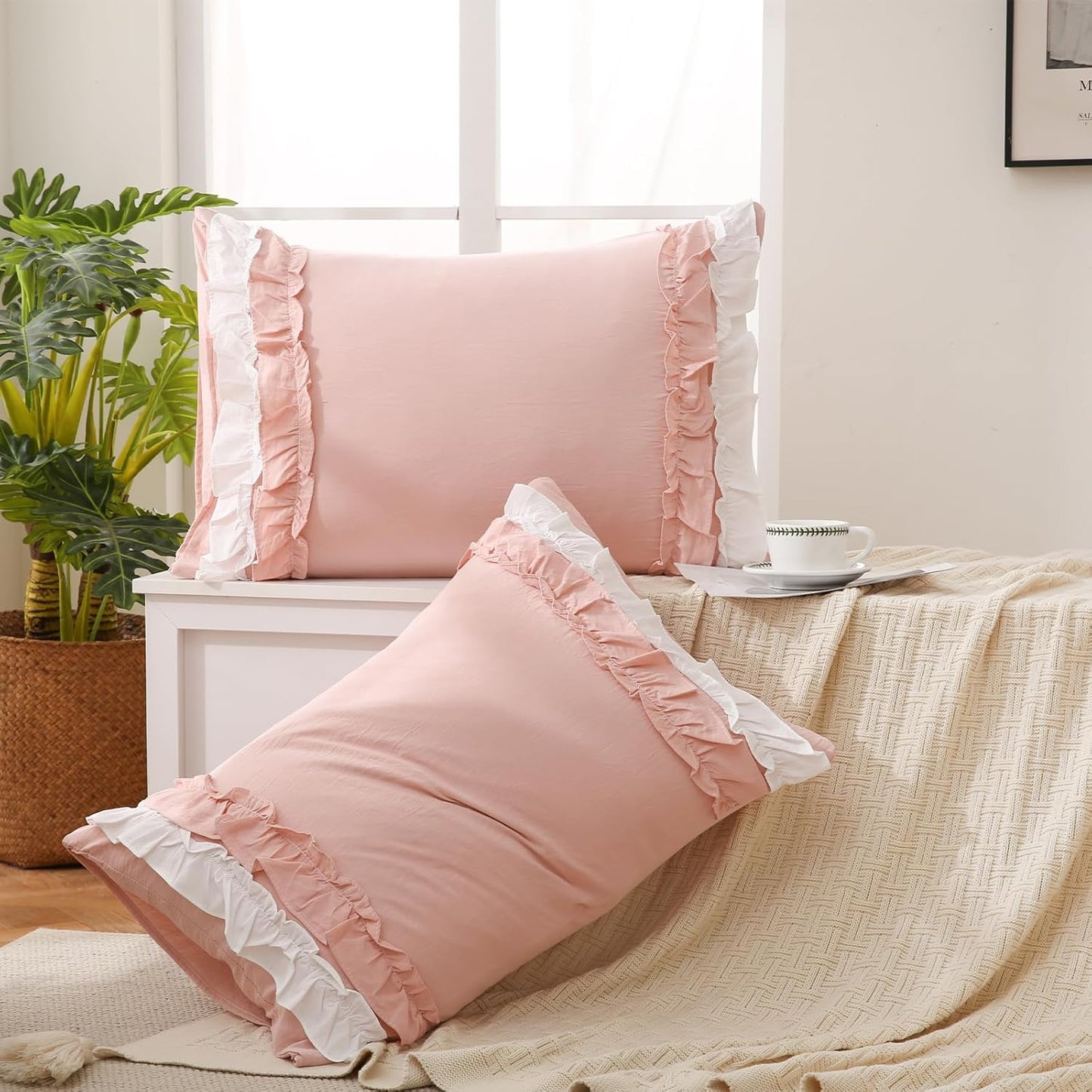 Herside Pink Pillowcase King Size 2 Pack,White Ruffle Pillow Shams,20x36 inches Chic Boho Beige Pillowcases,French Country Vintage Ruffled Cute Pillowcovers Set of 2 Soft Microfiber
