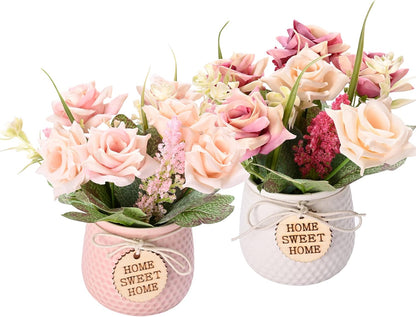 LUEUR Artificial Flowers with Vase, 2pcs Pink Silk Roses in Pot, Fake Flowers Decoration in Ceramics Vase Faux Floral Arrangement for Table Centerpieces Spring/Summer Decor Home Office Farmhouse