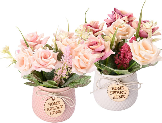 LUEUR Artificial Flowers with Vase, 2pcs Pink Silk Roses in Pot, Fake Flowers Decoration in Ceramics Vase Faux Floral Arrangement for Table Centerpieces Spring/Summer Decor Home Office Farmhouse