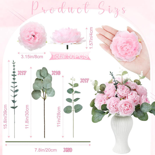 Thiccywoov 50 Set Assorted Faux Flowers Heads with Stem Eucalyptus Leaves Silk Artificial Rose Head Flowers Bouquet Floral Mothers Day Decor Table Centerpiece for DIY Wedding Party(Pink)