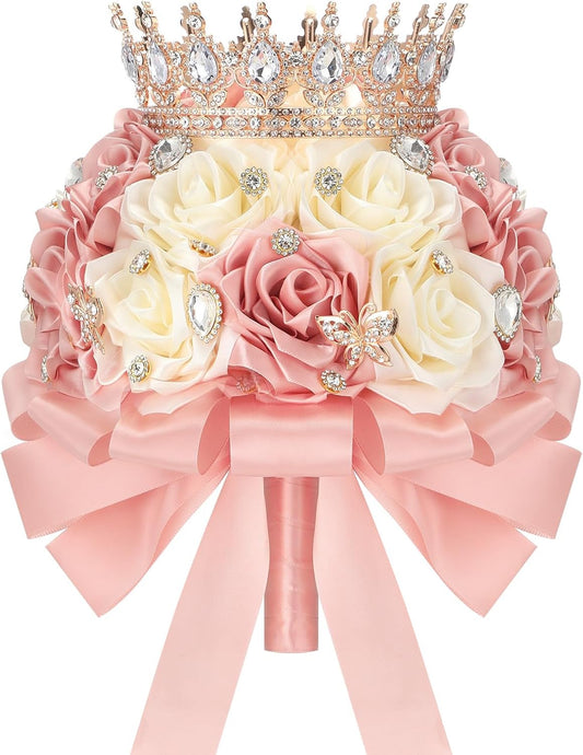 Suncalla 8.7" Ramo de Quinceañera Peach Pink & Cream Bridal Wedding Bouquet with Crown Satin Rose Bling Artificial Flower Bunch Inspiración Ramos para Quinceaños for Bride Wedding Quinceanera