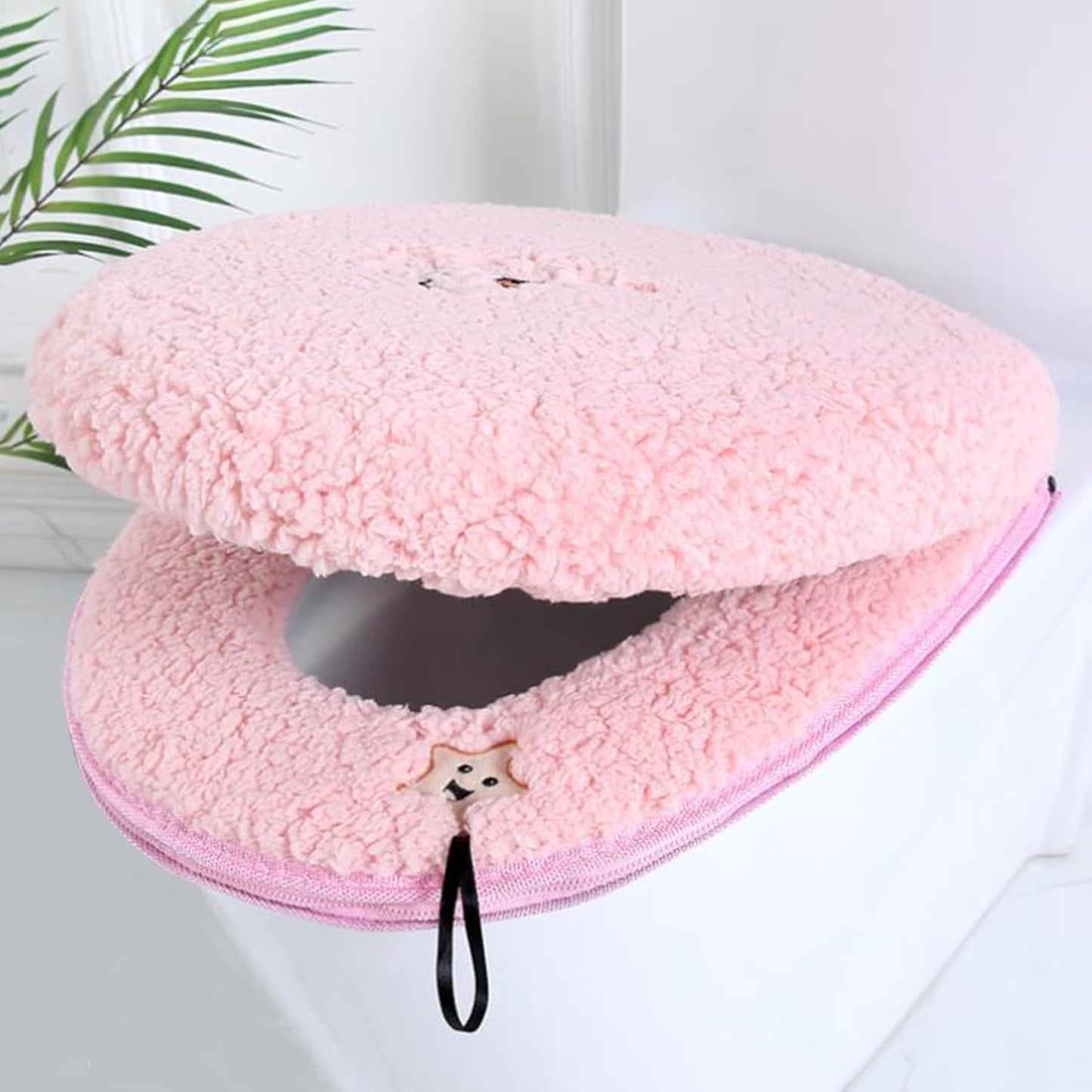 Toilet Seat Warmer Cover & Toilet Lid Cover Pink Fuzzy Toilet Seat Covers for Bathroom with Zipper Handle Plush Thicker Washable