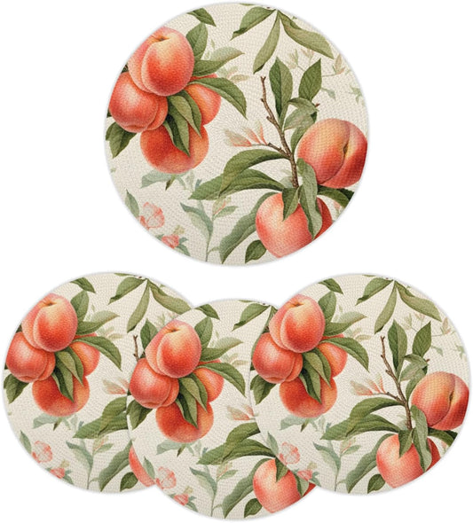 Peach Pattern Table Mats Set of 4 Circle 12.6" Reusable Round Dish Mats for Wedding Circular Placemats for Kitchen Holiday Braided Place Mats Home Party Dining Decor Protected Table