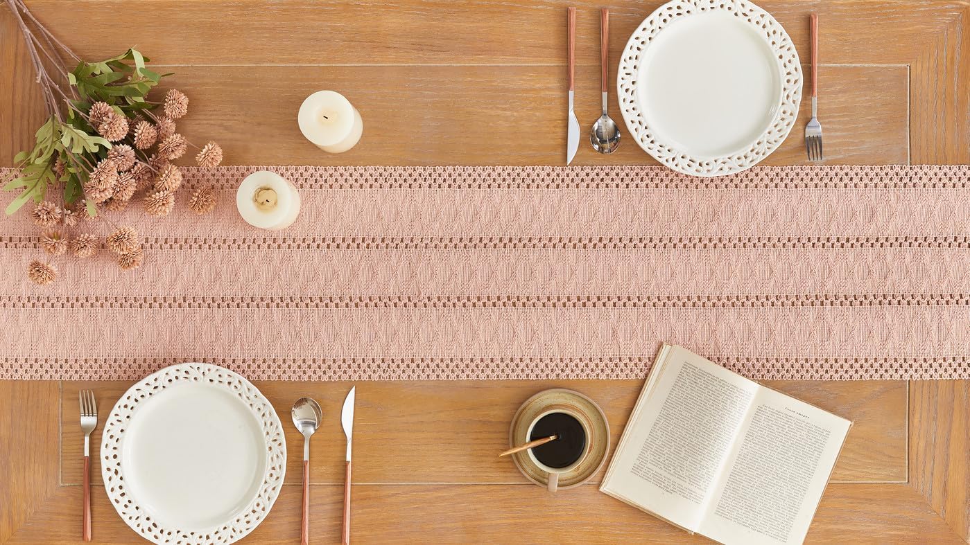 YATOJUZI Pink Table Runner Pure Pink Boho Table Runners with Tassels 48 Inches Seasonal Small Table Runner Rustic Farmhouse Table Runners for Bohemian Dining Bedroom Kitchen Decor 12x48 Inches
