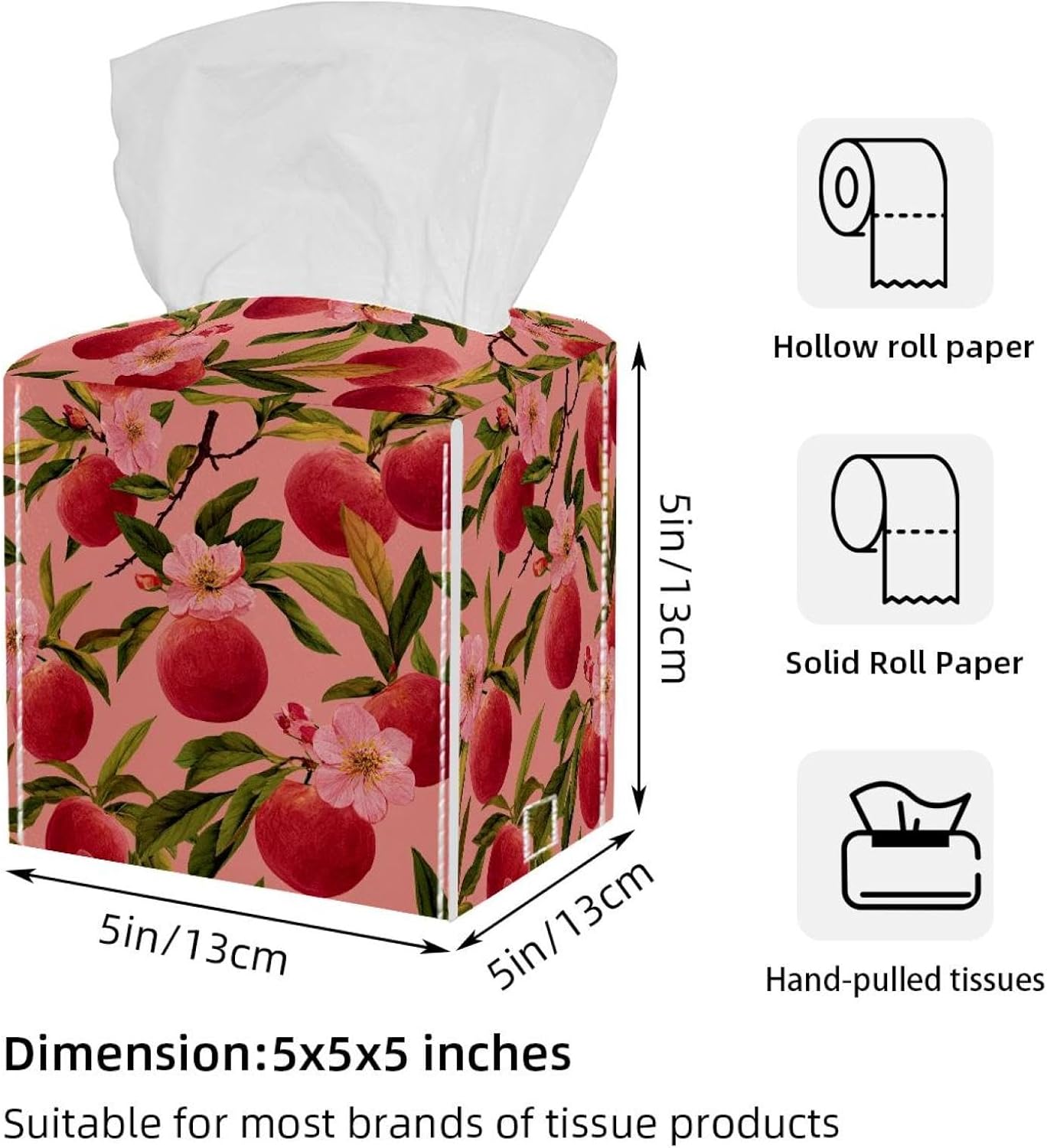 2 Pack Pink Peach Pattern (1) Tissue Box Cover, Square PU Leather Tissue Holder, Decorative Facial Tissue Cube Paper Organizer Dispenser for Bathroom, Night Stands, Desk, Car