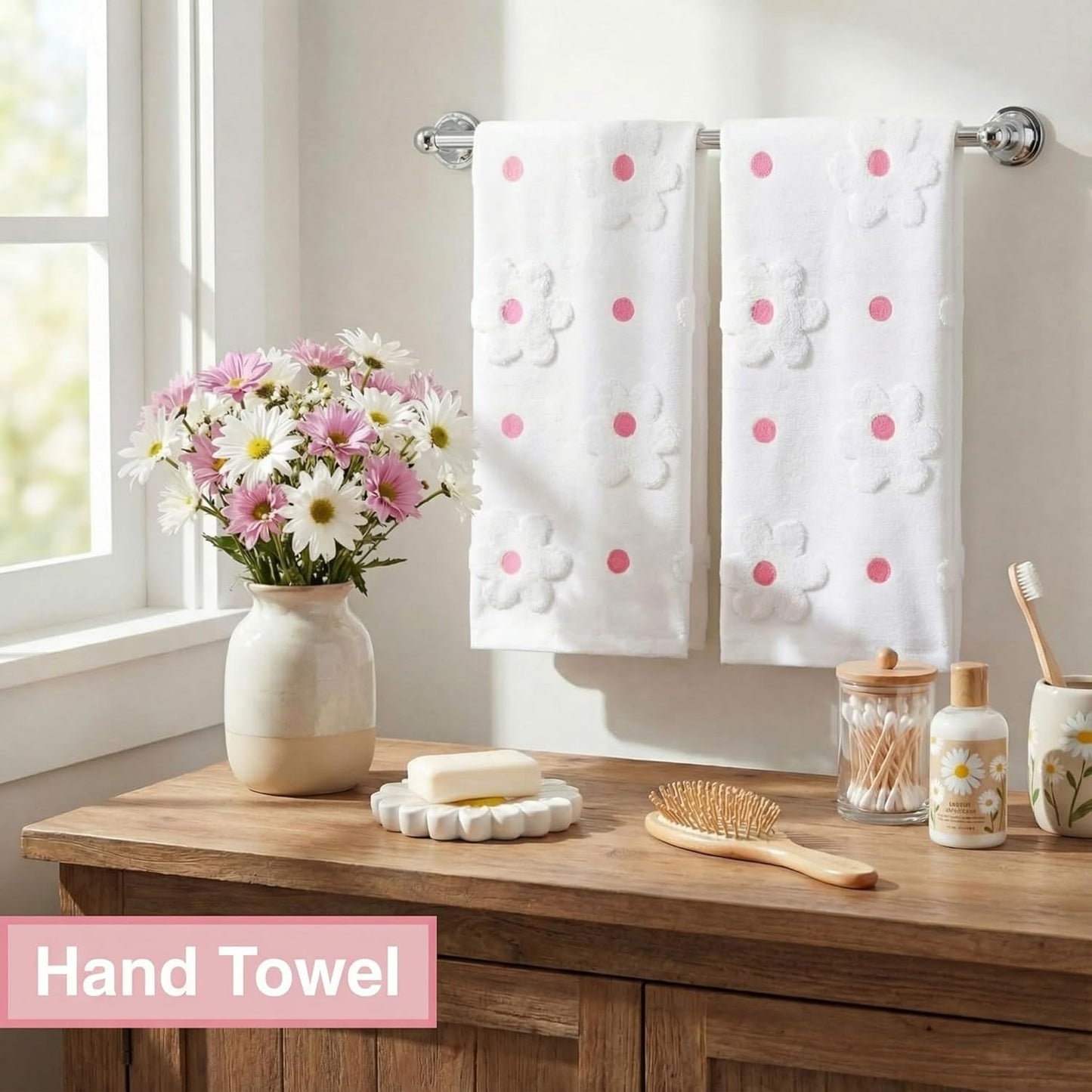 Mindsoft 2 Pcs Daisy Hand Towels for Bathroom Coquette Hand Towels 100% Cotton Absorbent Decorative Jacquard Weave Bath Decor Preppy Kitchen Decor Gift(Pink)