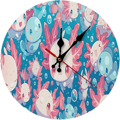 Cute Kawaii Sea Creatures Wall Clock with Pink Coral and Blue Fish Design Battery Operated Round Wooden Clocks Silent Non Ticking for Kids Room Or Nursery Decor 10 Inch