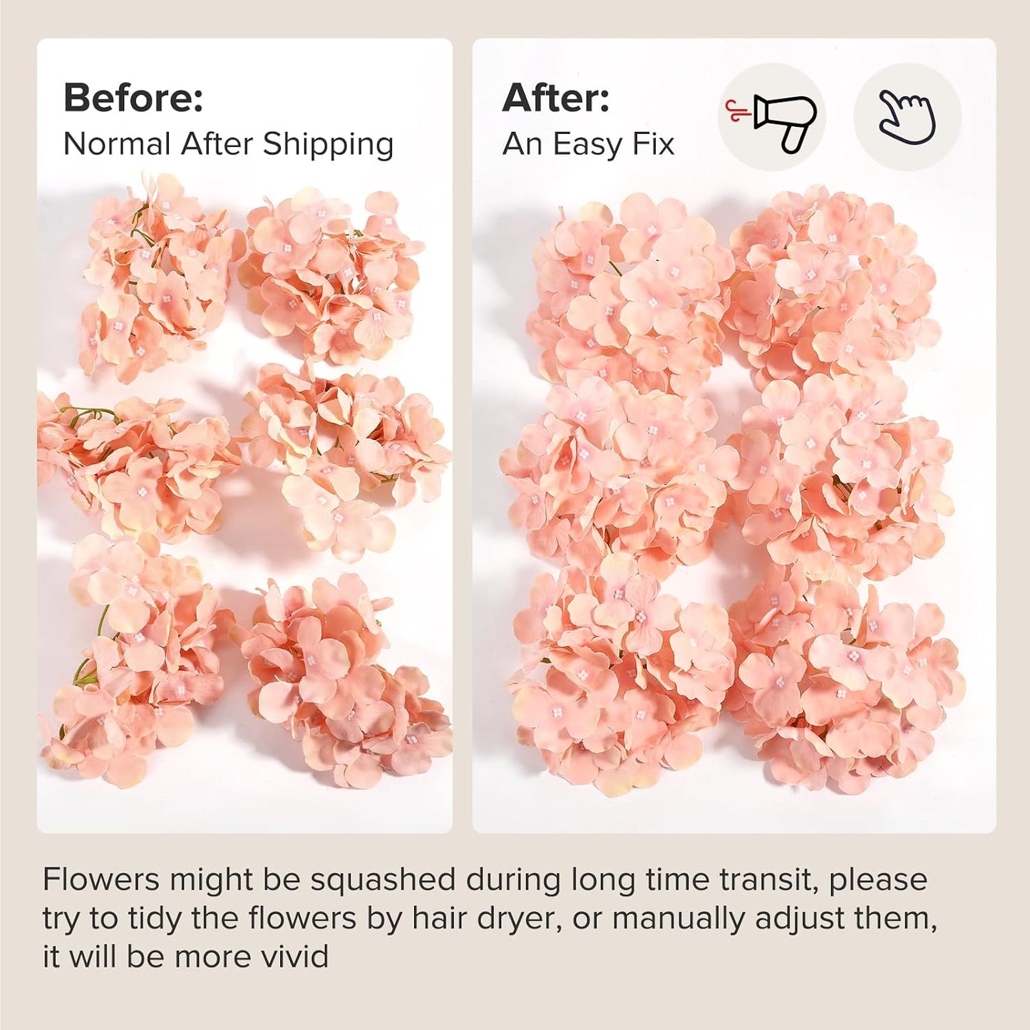 Auihiay 64 PCS Full Hydrangea Flowers, Silk Hydrangea Artificial Flowers Heads with Stems, Artificial Flowers for Wedding, Garden, Baby Shower, Party, Outdoor Indoor Decoration (Light Peach)