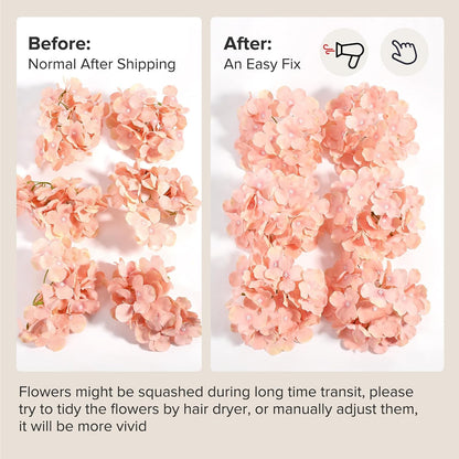 Auihiay 64 PCS Full Hydrangea Flowers, Silk Hydrangea Artificial Flowers Heads with Stems, Artificial Flowers for Wedding, Garden, Baby Shower, Party, Outdoor Indoor Decoration (Light Peach)