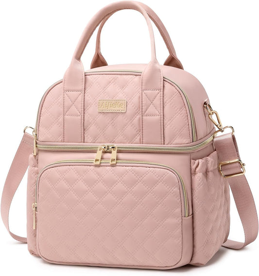 AIJIEKE Large Insulated Lunch Bag for Women, Double Compartment Leakproof Lunch Box for Work Office, Reusable Cooler Tote with Adjustable Strap & Side Pockets for Adults Picnic Beach, Pink