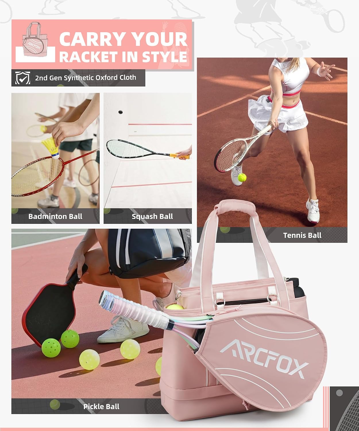 ARCFOX Tennis Tote Bag for Women, 2-in-1 Pink Tennis Bags 3 Rackets, Large Tennis Racket Bag with Shoe Compartment, Water Bottle Holder, Sports Handbag for Pickleball Padel, Badminton, Squash Racquet