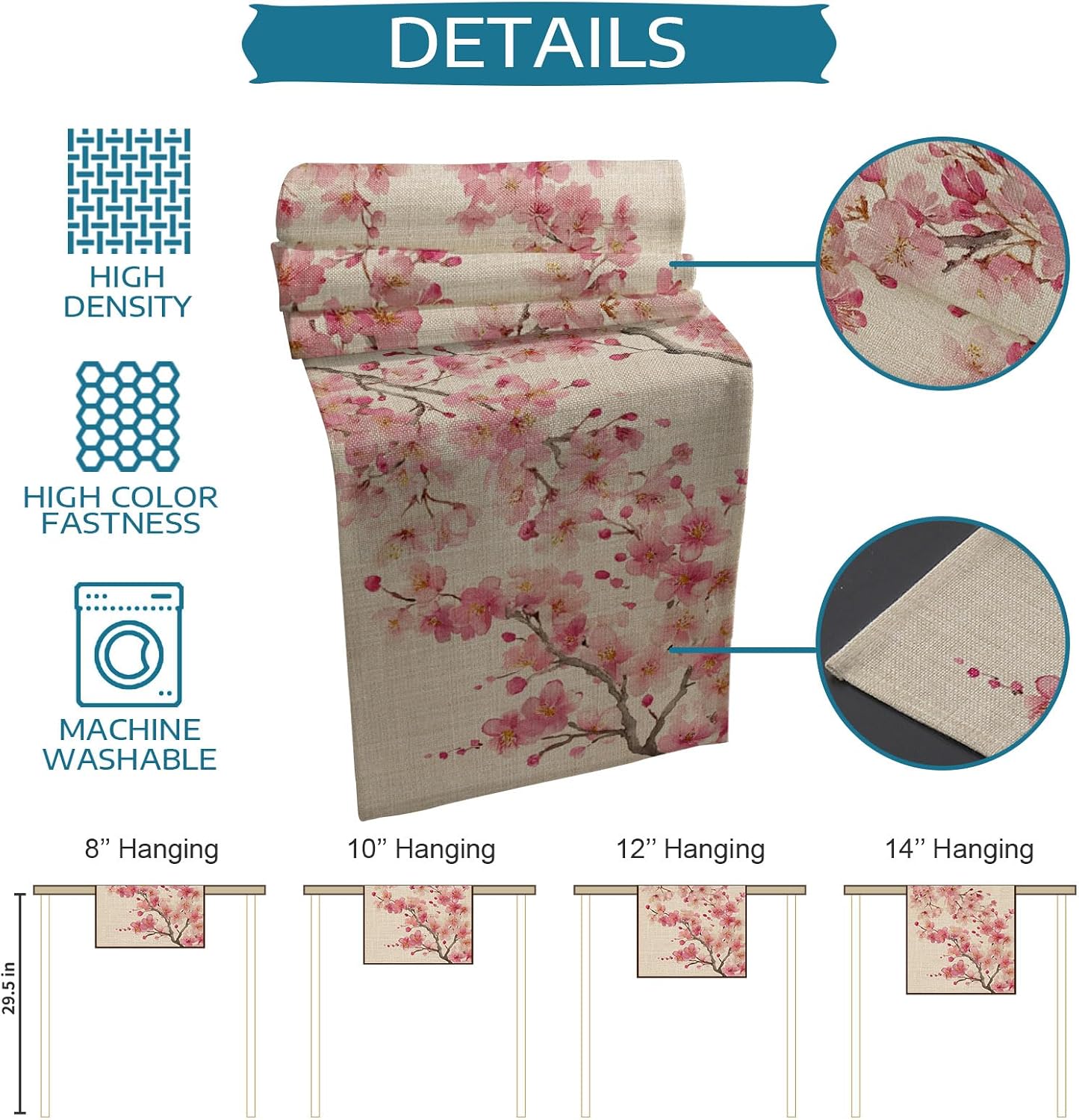 Table Runner 60 Inches Long, Peaches Branches Decorative Table Runner for Party Wedding Home Decor, Farmhouse Spring Botanical Pink Flowers Dresser Scarves for Bedroom Kitchen Tables Decor 13x60 Inch