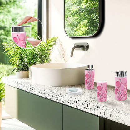 Bathroom Accessory Set 6PCS Pink Makeup Collection Brushes Powders Lipstick Trash Can, Soap Dispenser, Toothbrush Holder, Toothbrush Cup, Toilet Brush Holder, Soap Dish for Gifts