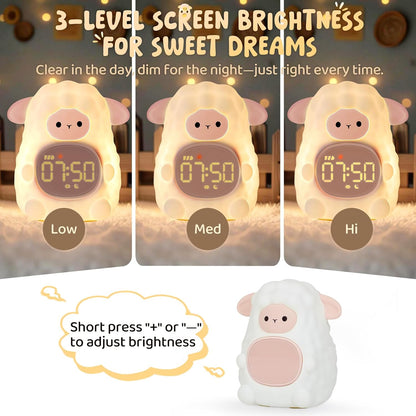 Sheep Alarm Clock with Night Light for Kids with Sleep Training and Sound Machine, Rechargeable Silicone Lamp OK to Wake Clock，Cute Animal Tabletop Lamp, Perfect Sleep Companion for Boys Girls, Pink