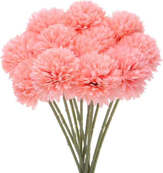 M METERXITY 12-Pack Artificial Chrysanthemum Ball Flowers, 11 Inch Faux Chrysanthemum Silk Bouquets Real Touch Faux Flowers for Home/Wedding/Christmas/Party[Peach Pink]
