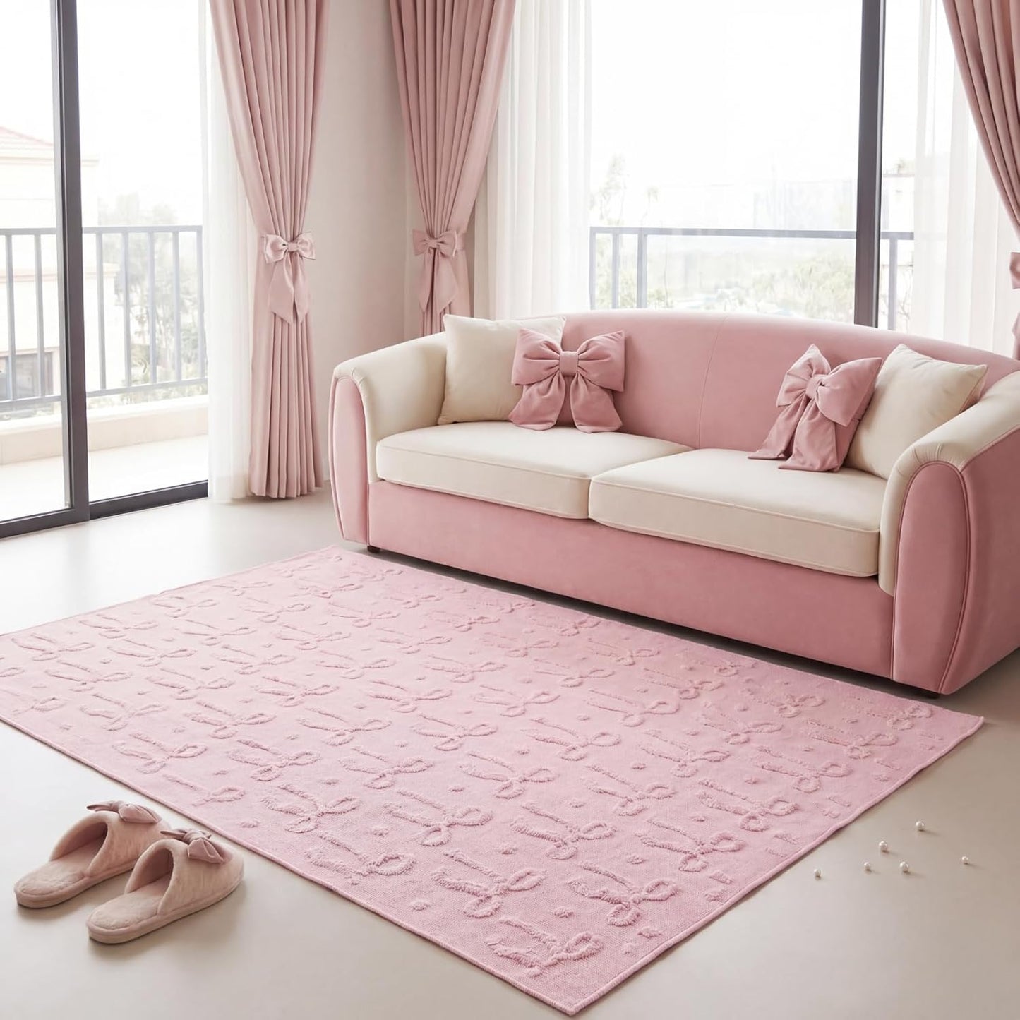 Pink Bow Area Rugs 4 x 6 ft Cute Sweet Throw Rugs Pink Plush Faux Fur Aesthetic Soft Bedroom Carpet for Living Room Dining Playroom Nursery Family Indoor Dorm