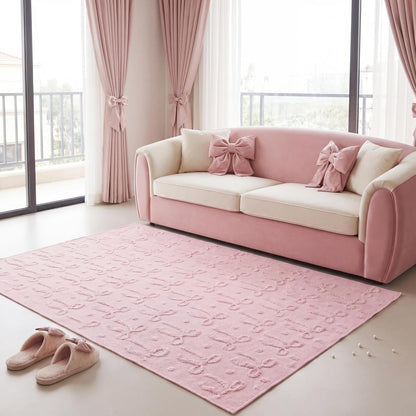Pink Bow Area Rugs 4 x 6 ft Cute Sweet Throw Rugs Pink Plush Faux Fur Aesthetic Soft Bedroom Carpet for Living Room Dining Playroom Nursery Family Indoor Dorm