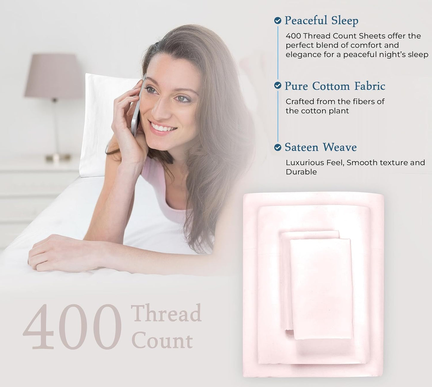 ROYALE LINENS 400 Thread Count 100% American Grown Cotton 4 Piece Sateen King Sheet Set - 1 Fitted Sheet, 1 Flat Sheet, 2 Pillow case - Pink King Bedsheet - Cotton Sheets - (King, Kyoto Blush)