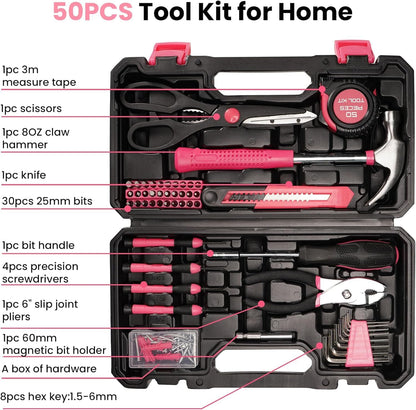 39-Piece Pink Tool Set - General Household Hand Tool Kit with Plastic Toolbox Storage Case, Compact and Portable for DIY Projects, Home Repairs & Maintenance