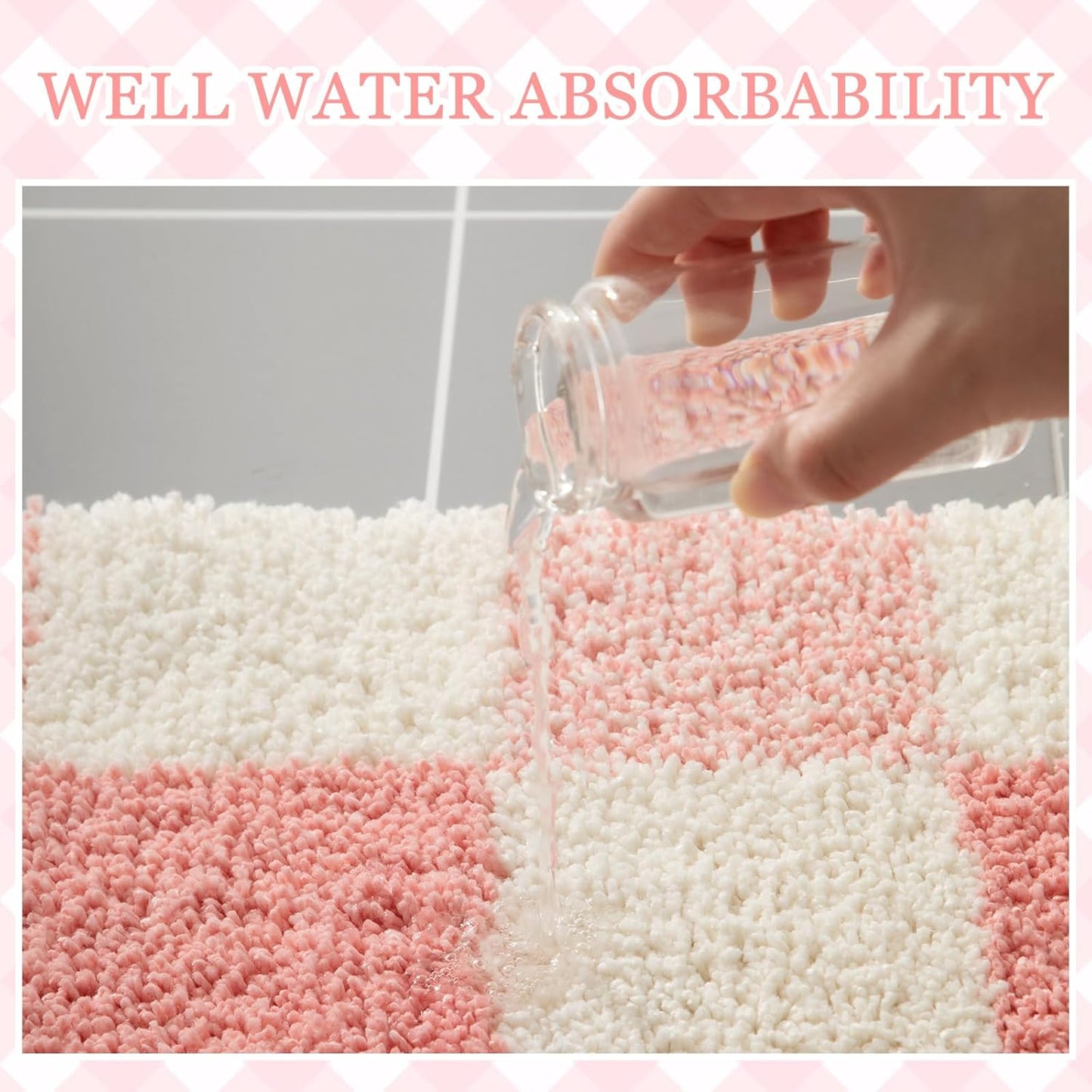 Breling Bath Mat Set of 2 Pink Checkered Fluffy Absorbent Microfiber Rugs Non Slip Non Skid Bath Mats for Bathroom Floor Tub and Shower, Washable, Ultra Soft, Quick Dry (32 x 20 Plus 24 x 17 - Inches)