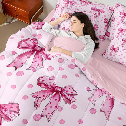 Erosebridal Pink Princess Bow Twin Comforter Set with Sheets 7 Piece Cute Coquette Bowknot Bed in A Bag Kawaii Ribbon Bow Bedding Sets for Kids Adults,Pink Watercolor Polka Dot Bed Set