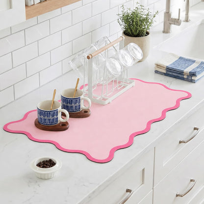 Scalloped Dish Drying Mat for Kitchen Counter, Absorbent Easy Clean Non-slip Coffee Bar Station Accessories, Trendy Cute Aesthetic Modern Drainer Kitchen Drying Mat, Pink 15" x 24"
