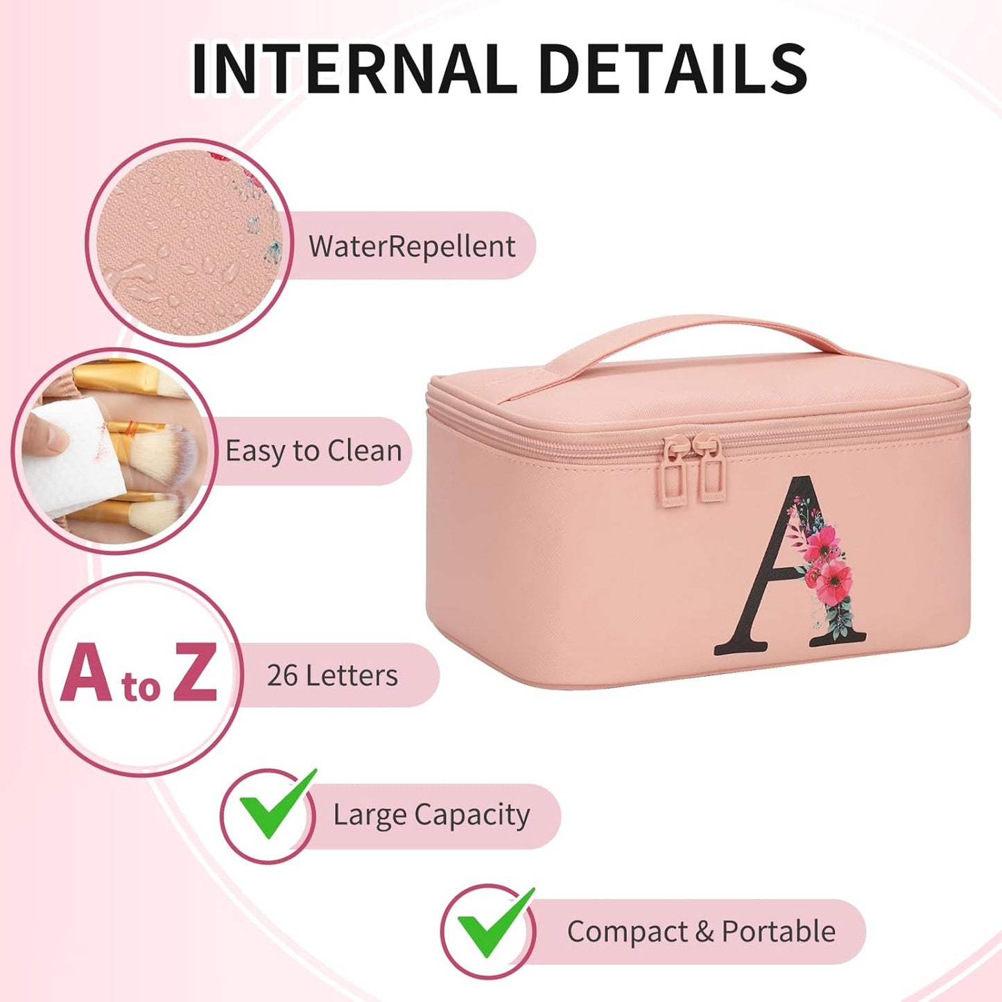 OCHEAL Initial Makeup Bag,Monogram Make up Bag Pink Travel Makeup Organizer Case Beauty Toiletry Cosmetic Bag with Brush Holder, Trendy Stuff Personalized Gifts for Women and Girls-A