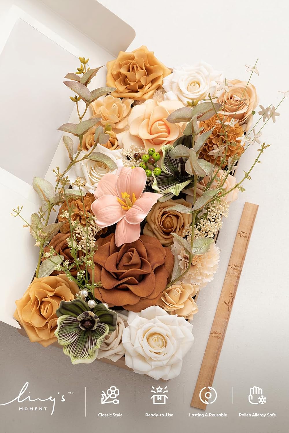 Ling's moment Fake Flowers Box, Faux Artificial Greenery Stems Foam Roses Dahlia Gardenia Tulip Silk Carnation Fabic Flower for Centerpieces Bouquet Wedding Vase, Apricot & Peach, Deluxe Combo