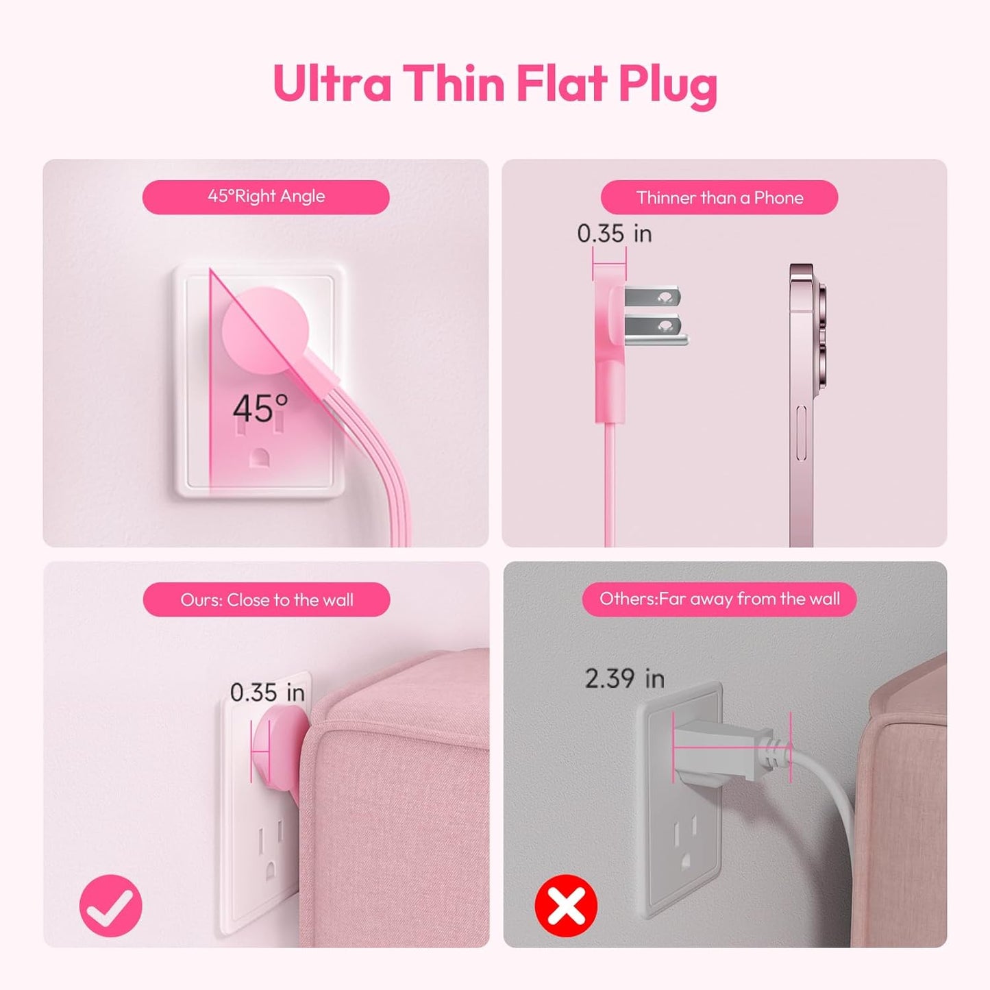 Pink Power Strip, NTONPOWER Power Strip Flat Extension Cord 15FT, 9 Outlets 3 USB Ports(1 USB C), Wall Mount, 1080J, Multiple Outlets for Home, Dorm, Vanity Desk, Nightstand,Women