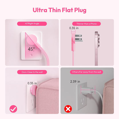 Pink Power Strip, NTONPOWER Power Strip Flat Extension Cord 15FT, 9 Outlets 3 USB Ports(1 USB C), Wall Mount, 1080J, Multiple Outlets for Home, Dorm, Vanity Desk, Nightstand,Women