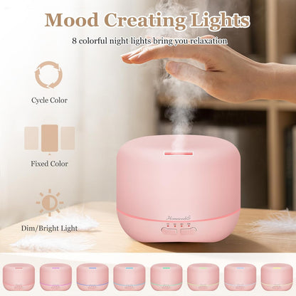 Aromatherapy Essential Oil Diffuser for Room: 500ml Colorful Aroma Air Humidifier with Adjustable Cool Mist Mode, Auto Off Ultrasonic Diffusers for Large Room Home Office(Pink)