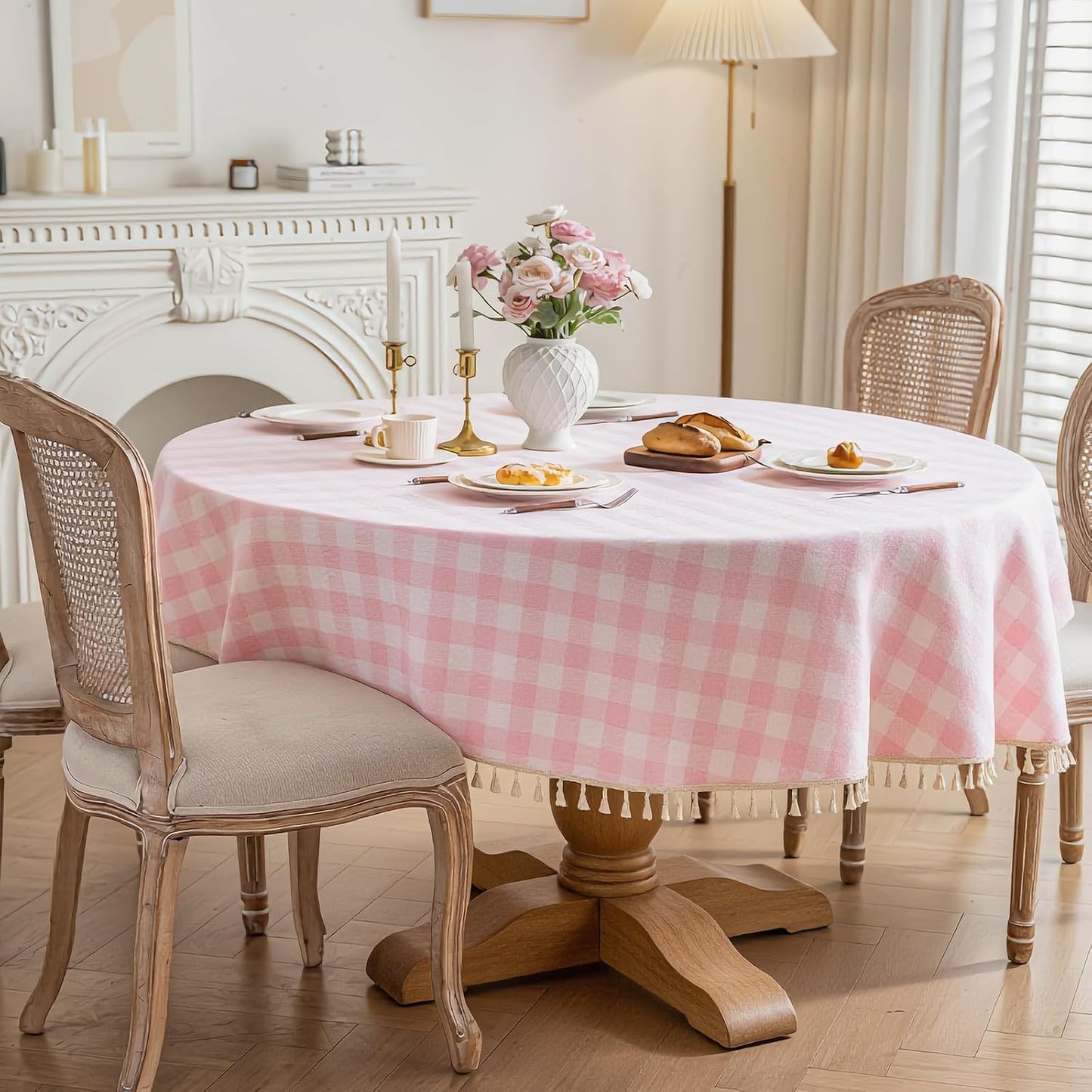 Checkered Tablecloth Round Cotton Linen Gingham Table Cloth with Tassel Washable Wrinkle Free Heavy Duty Buffalo Plaid Table Cover for Dining/Party/Picnic (Pink, 55" x 55" (Round))
