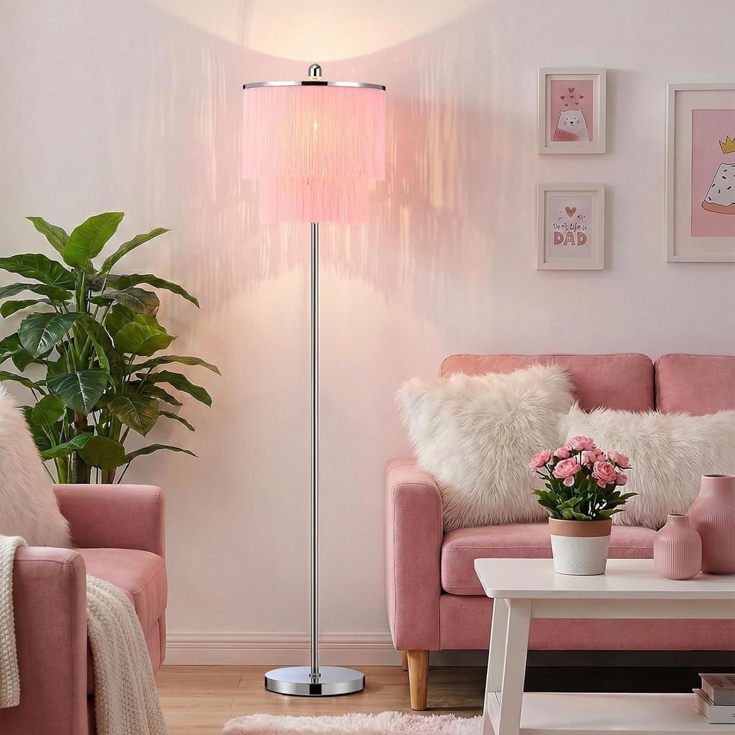 Lovlast Modern Floor Lamp with Pink Tassel Lampshade for Girls Room, 63" Tall Fringe Standing Bedroom Lamp with Soft Lighting, Boho Stand Up Corner Pink Lamp for Living Room（Bulb Included）