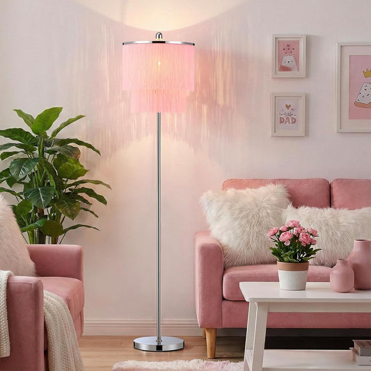 Lovlast Modern Floor Lamp with Pink Tassel Lampshade for Girls Room, 63" Tall Fringe Standing Bedroom Lamp with Soft Lighting, Boho Stand Up Corner Pink Lamp for Living Room（Bulb Included）