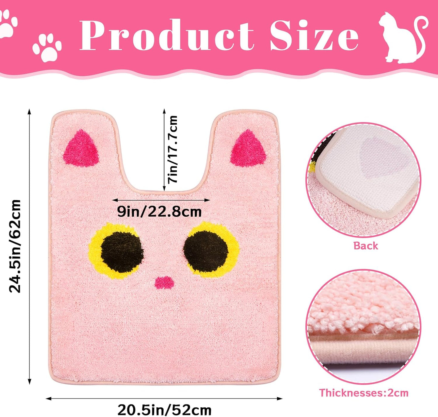 Toilet Rug,Soft Cat Design Toilet Mat,Non Slip and Absorbent Bath Rug,U Shaped Washable Contour Bath Rugs for Toilet Base(Pink, 24" x 20")