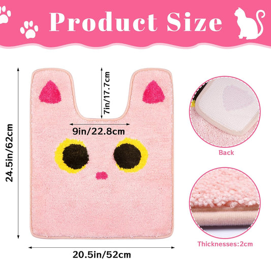 Toilet Rug,Soft Cat Design Toilet Mat,Non Slip and Absorbent Bath Rug,U Shaped Washable Contour Bath Rugs for Toilet Base(Pink, 24" x 20")