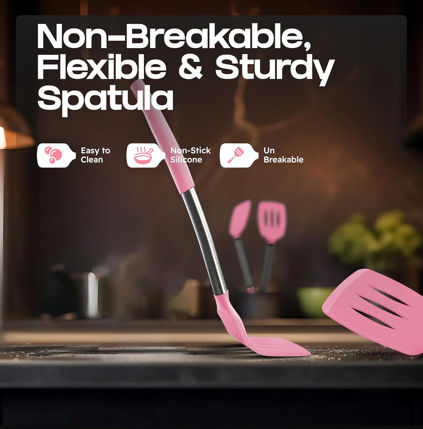 BakeRoyal Silicone Spatula Set - Turner Spatulas Silicone Heat Resistant 600°F - Slotted & Solid Spatula for Cooking Fish, Eggs, Pancakes Flipper – Spatulas for kitchen use – Pink