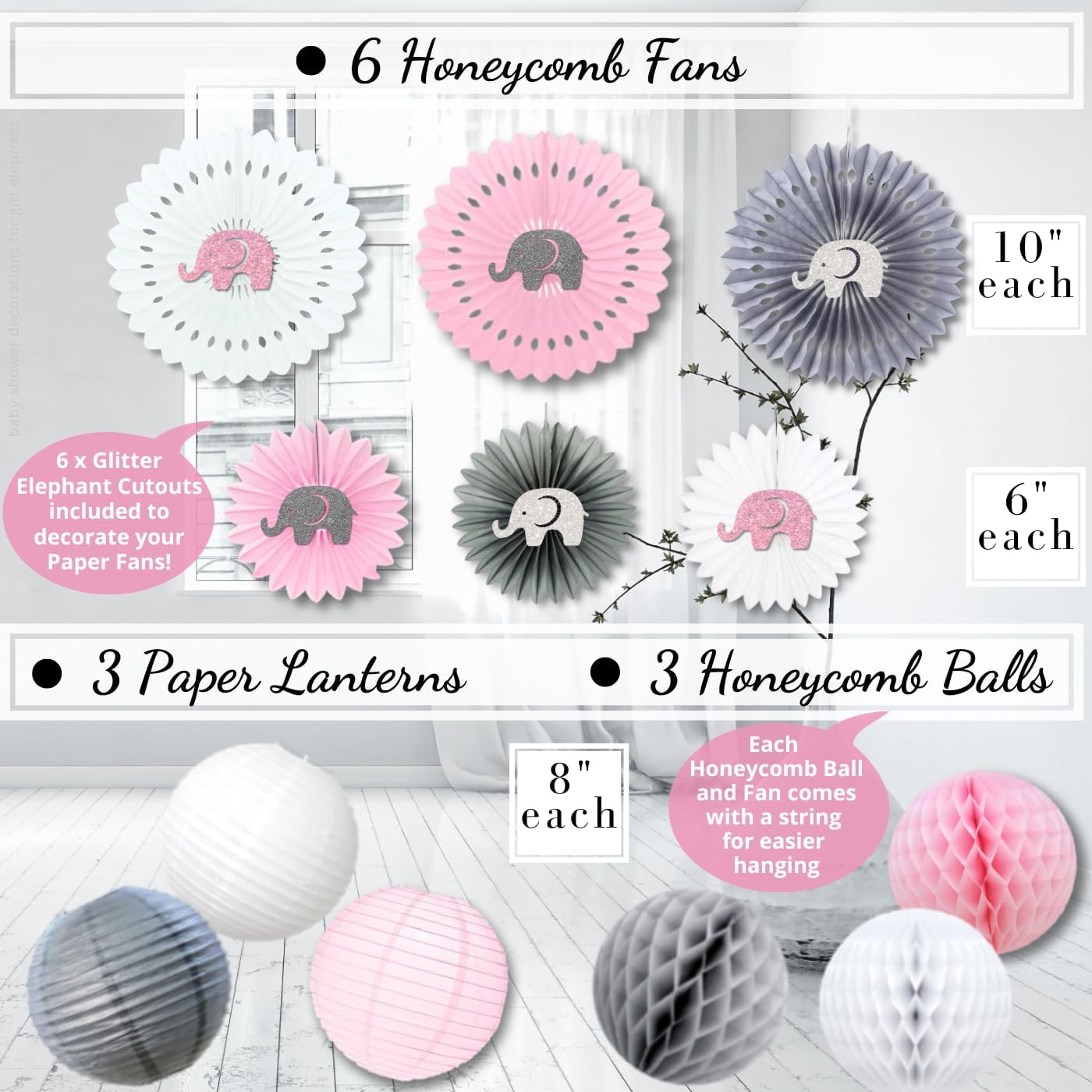 697 Pc Pink Elephant Baby Shower Decorations for Girl - Premium Set | Includes It's a Girl banner, elephant garland, guest book, sash, cake toppers, balloons, napkins, straws, fans & games