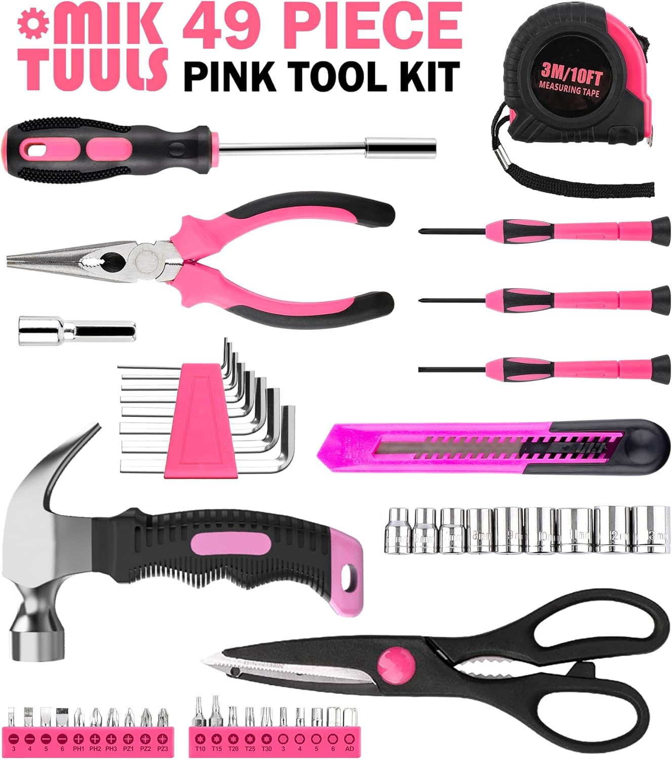 Tool Set 49PCS, Small Tool Kit, All Purpose Small General Household Tool Box for Home/Office/College Repair, DIY, Ideal Gift Choice, Pink