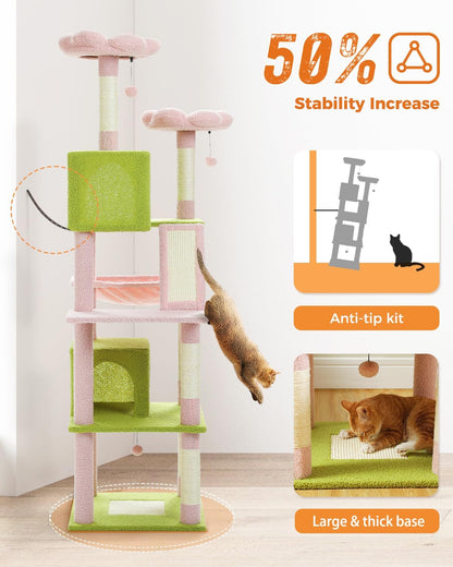 MUTTROS Flower Cat Tree, 70.9-inch Tall Cat Tower in Blossom Pink with 2 Condos & Large Hammock, Whimsical Cat Activity Center with Pom Poms for Indoor Cats