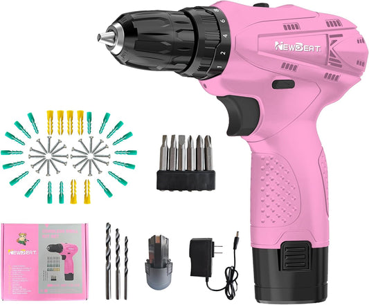 Cordless Drill Set, 12V Power Drill Driver with 2 Battery and Charger, Pink Electric Drill Power Tool for Women DIY Gifts