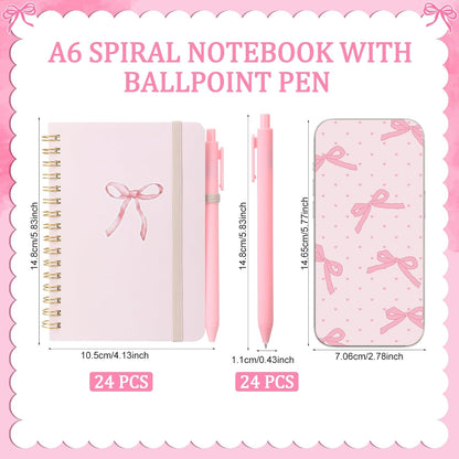 Fulmoon 24 Set Pink Bow A6 Spiral Notebook with Ballpoint Pens 50 Sheets, 4"x 6" Small Bow College Ruled Notepads Journaling Notebooks Bulk for Back to School Supplies Offices Team Coquette Gifts