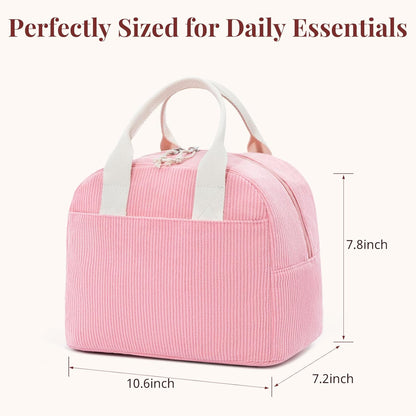LOVELYWIND Insulated Sugar Pink Lunch Bag for Women, Stylish Corduroy Tote with Aluminum Lining, Large Capacity Reusable Cooler for Work, Travel, or Beach, Beige Cream Water-Resistant Lunch Box