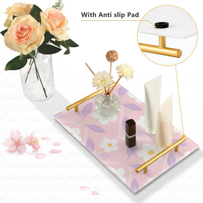 Light Pink White Flower Decorative Kitchen Trays with Handles Large Serving Tray for Jewelry Perfume for Living Room Entryway Bedroom