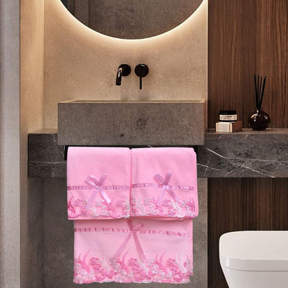 Pink Lace Bath Towels Set, Velvet Ultra Soft & Absorbent Bath Towel and Hand Towels Set for Bathroom,Shower, Washroom, Toilet (1 Bathroom Towel+2 Hand Towels)