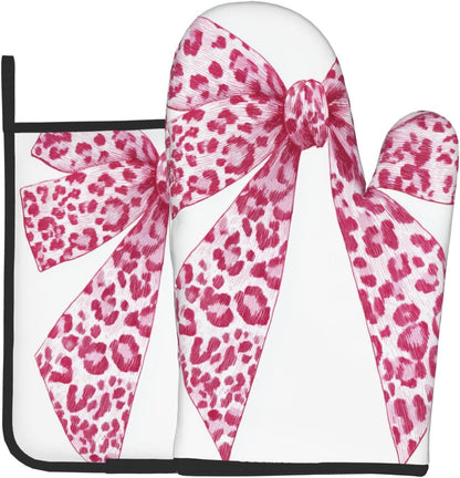 Light Pink Leopard Bow Oven Mitts and Pot Holders Sets,Heat Resistant Potholder Kitchen Decor for Cooking Baking BBQ, Oven Glove Set