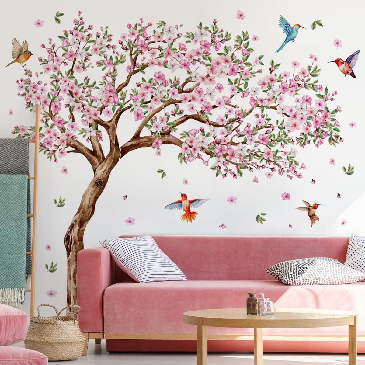 Runtoo Large Tree Wall Decals Pink Cherry Blossom Floral Wall Stickers for Nursery Living Room Bedroom Decor