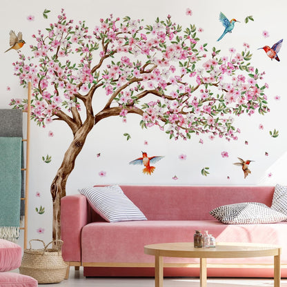 Runtoo Large Tree Wall Decals Pink Cherry Blossom Floral Wall Stickers for Nursery Living Room Bedroom Decor