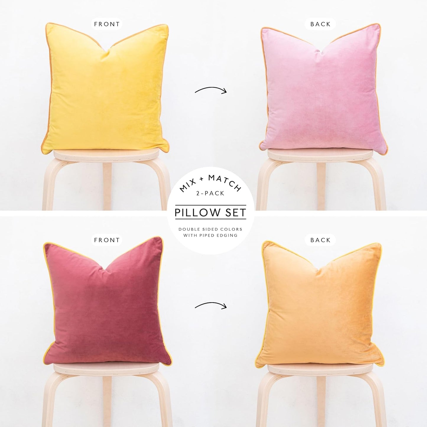 MONDAY MOOSE Decorative Throw Pillow Covers Cushion Cases, Set of 2 Soft Velvet Modern Double-Sided Designs, Mix and Match for Home Decor, Pillow Inserts Not Included (18x18 inch, Yellow/Pink)